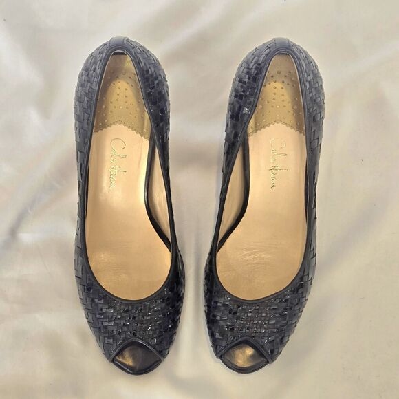 COLE HAAN Genevive Nikeair black woven leather peep toes heel shoes size 7B - Picture 5 of 7